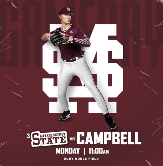 Maroon and white gameday graphic with image of MSU baseball player Kamren James with the M-over-S logo in the background