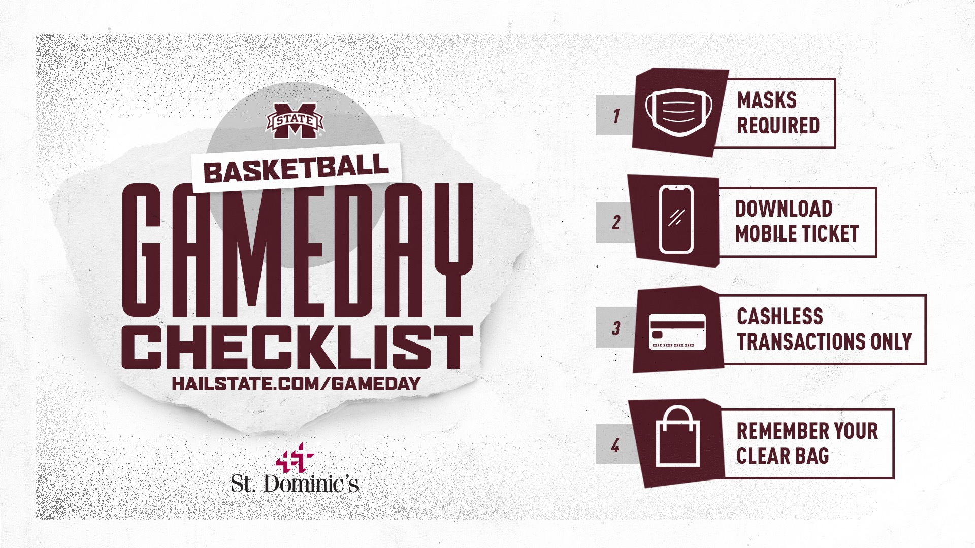 Maroon, white and gray graphic reminding MSU basketball fans about face masks, mobile tickets, cashless transactions, gate entry and clear bag policy