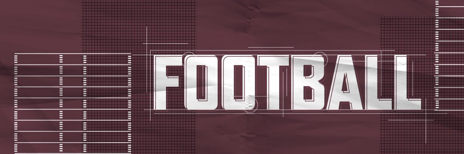 Maroon and white graphic with image of a football field