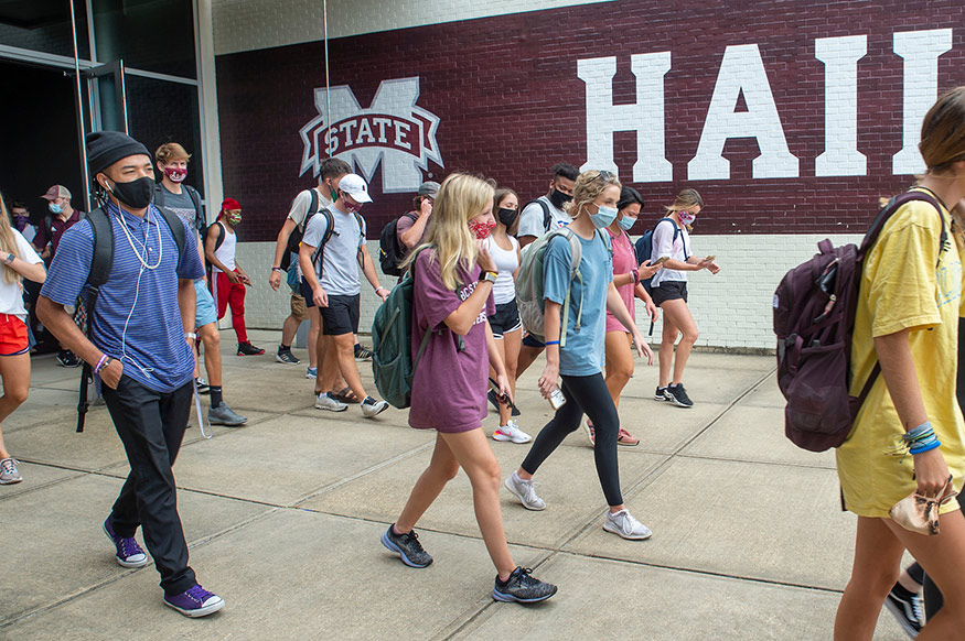 Mississippi State students exit Humphrey Coliseum after a history class. 
