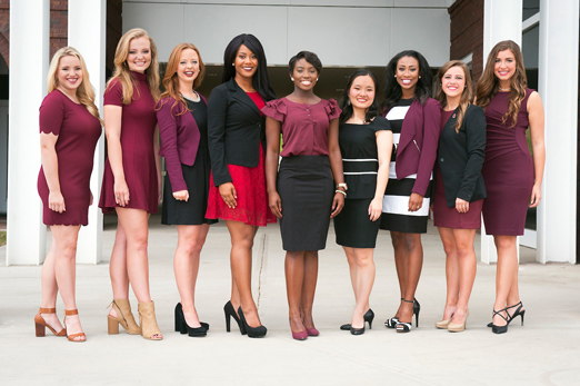 Mississippi State University’s 2016 Homecoming Court includes, left to right, Emily L. Tingle, freshman maid; Elise M. Moore, sophomore maid; Audrey K. Jarvis, junior maid; Natalie M. Jones, senior maid; Shawanda F. Brooks, Homecoming Queen; Feifei Zeng, senior maid; Alivia P. Roberts, junior maid; Kali M. Hicks, sophomore maid; Reagan M. Moak, freshman maid. The court will be presented formally during halftime of the MSU-Samford football game on Oct. 29. (Photo by Russ Houston / © Mississippi State University)