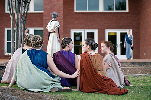 MSU’s Shackouls Honors College presents Seneca’s tragedy, “Phaedra,” in the Zacharias Village courtyard behind Griffis Hall. The all-student performance was part of the honors college’s annual Classical Week celebration of Greek, Roman and other ancient-world cultures. (Photo by Megan Bean)