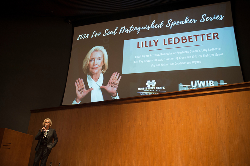 Lilly Ledbetter speaks to a capacity Taylor Auditorium crowd at Mississippi State on Tuesday [March 27]. (Photo by Megan Bean) 