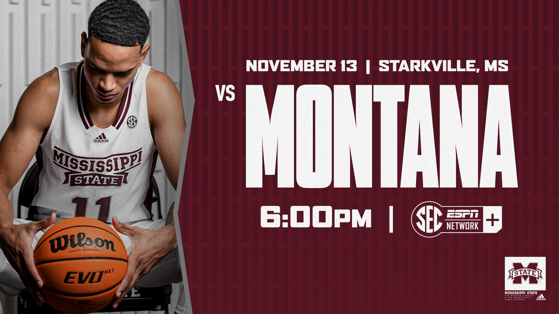 Maroon and white graphic with image of MSU men's basketball player Andersson Garcia seated and staring down at an orange Wilson basketball.