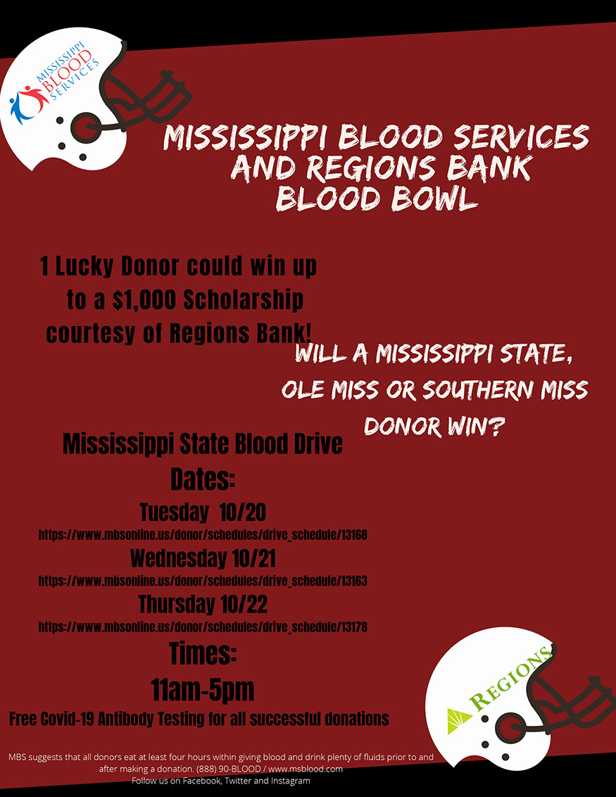 Mississippi Blood Services flyer with information about MSU blood drive