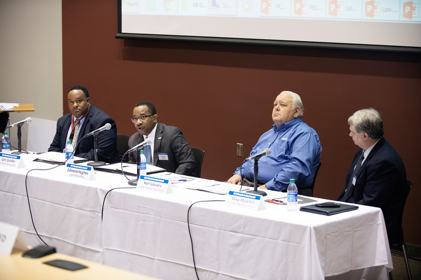 Panelists discuss the future of American manufacturing during Wednesday’s 7th Annual Manufacturing Summit at MSU. Pictured, from left to right, are Three Rivers Planning & Development Programs Coordinator Gary Golden, Ingalls Shipbuilding Vice President of Human Resources and Administration Edmond E. Hughes, Hunter Engineering Company Human Resources Manager Ken Lowery, and Mississippi Department of Education Career and Technical Education Director Mike Mulvihill. (Photo by Beth Wynn)