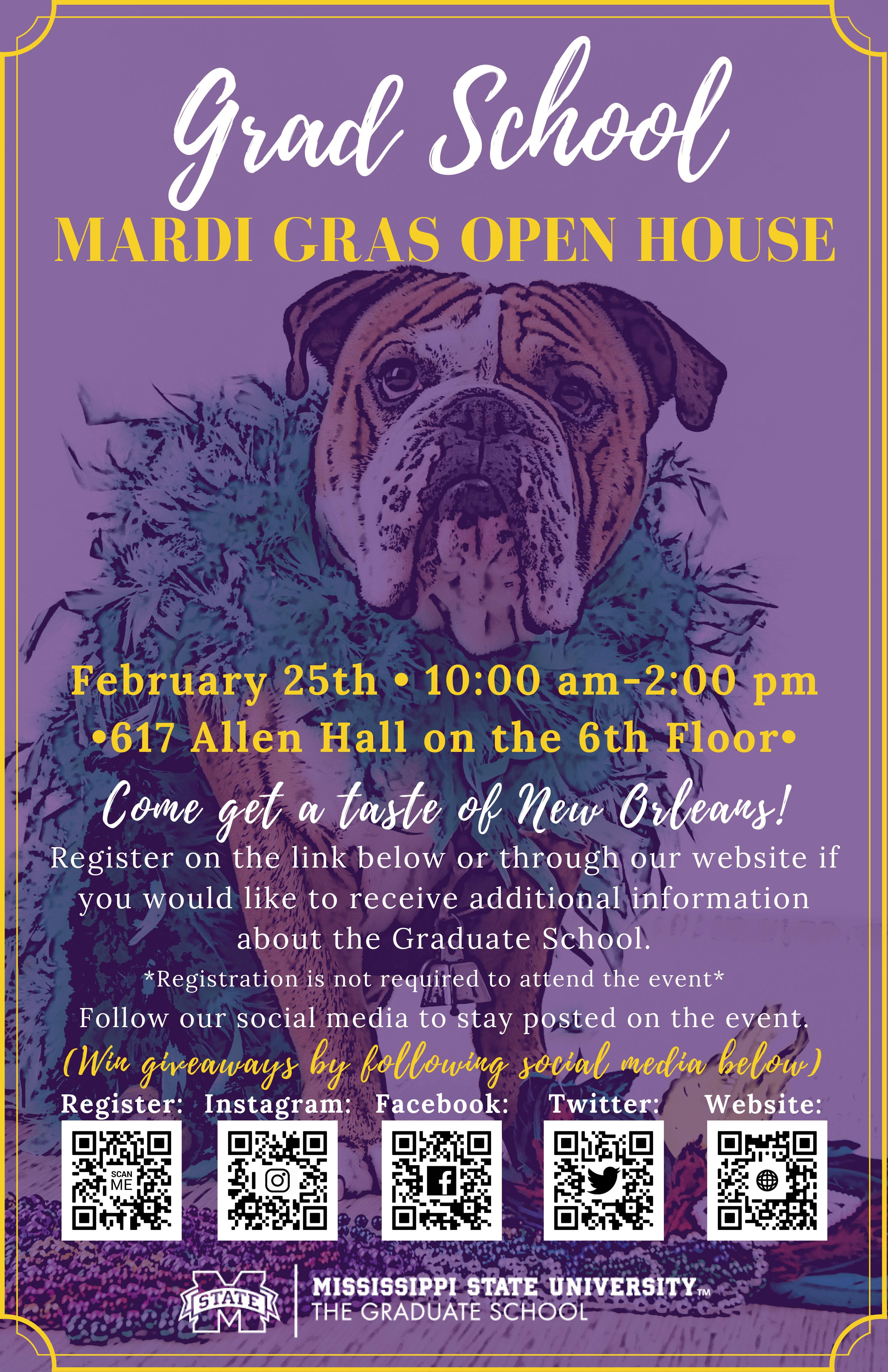 Promotional graphic for the MSU Graduate School's Mardi Gras Open House