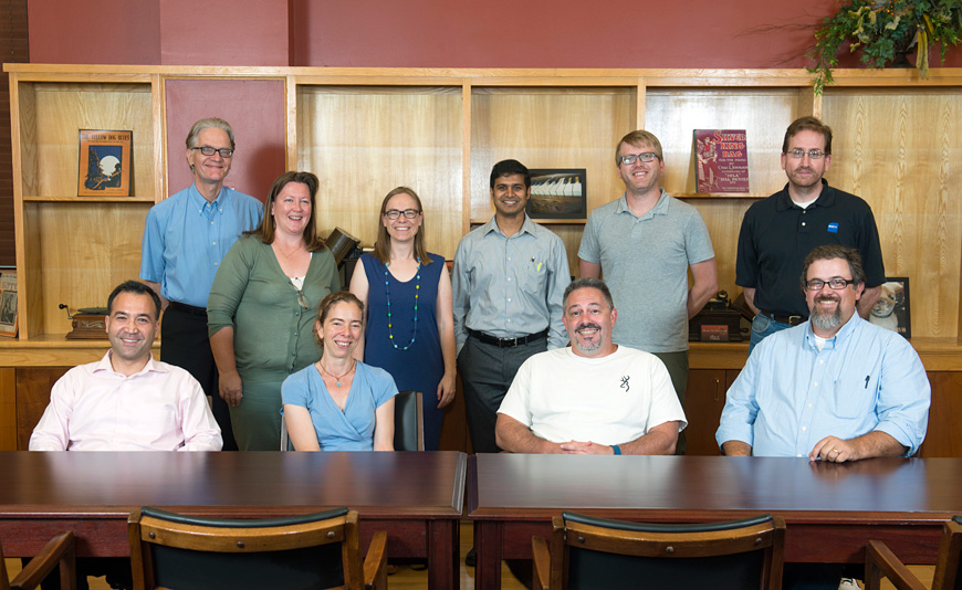 Eleven MSU faculty members are new graduates of a summer program designed to help them better incorporate writing strategies into class assignments. They include (seated, l-r) Erdoğan Memili, Kristin Boyce, Jarrod Fogarty and Charles Fulford (standing, l-r) James Sobaskie, Leslie Baker, Kasia Gallo, Veera Gnaneswar Gude, Brandon Barton and Mike Duff. Not pictured is James Dunne. (Photo by Megan Bean)