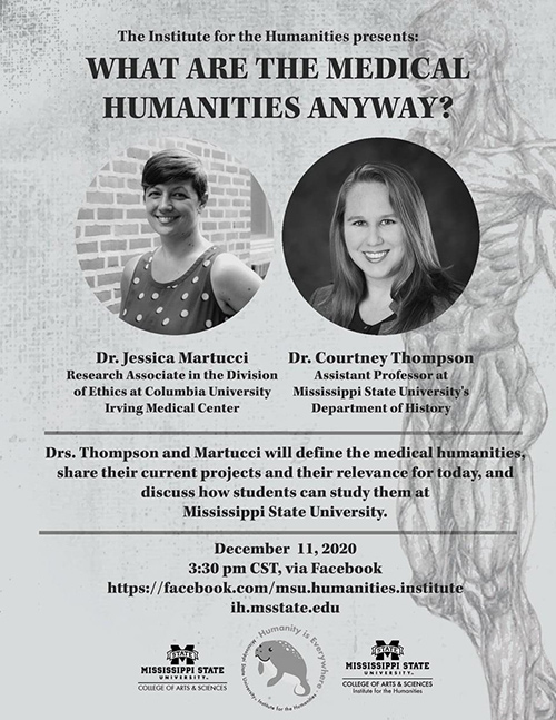 An Institute for the Humanities promotional flyer with photos of speakers Courtney Thompson and Jessica Martucci,