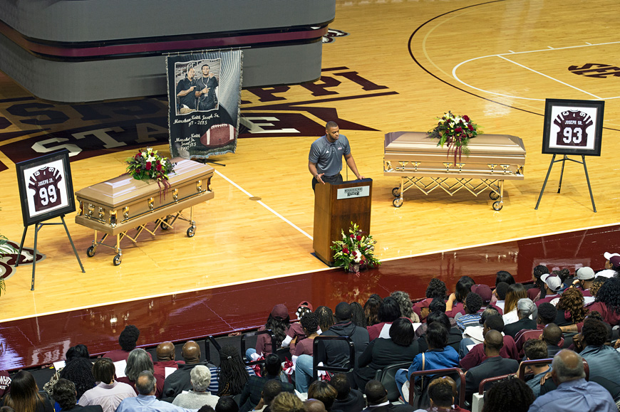 Ryan Brown, MSU senior business administration major and defensive lineman, was among members of the Bulldog family who shared fond memories of Keith Joseph Jr. and Keith Joseph Sr. during Thursday’s [Nov. 12] memorial service in Humphrey Coliseum. (Photo by Beth Wynn)