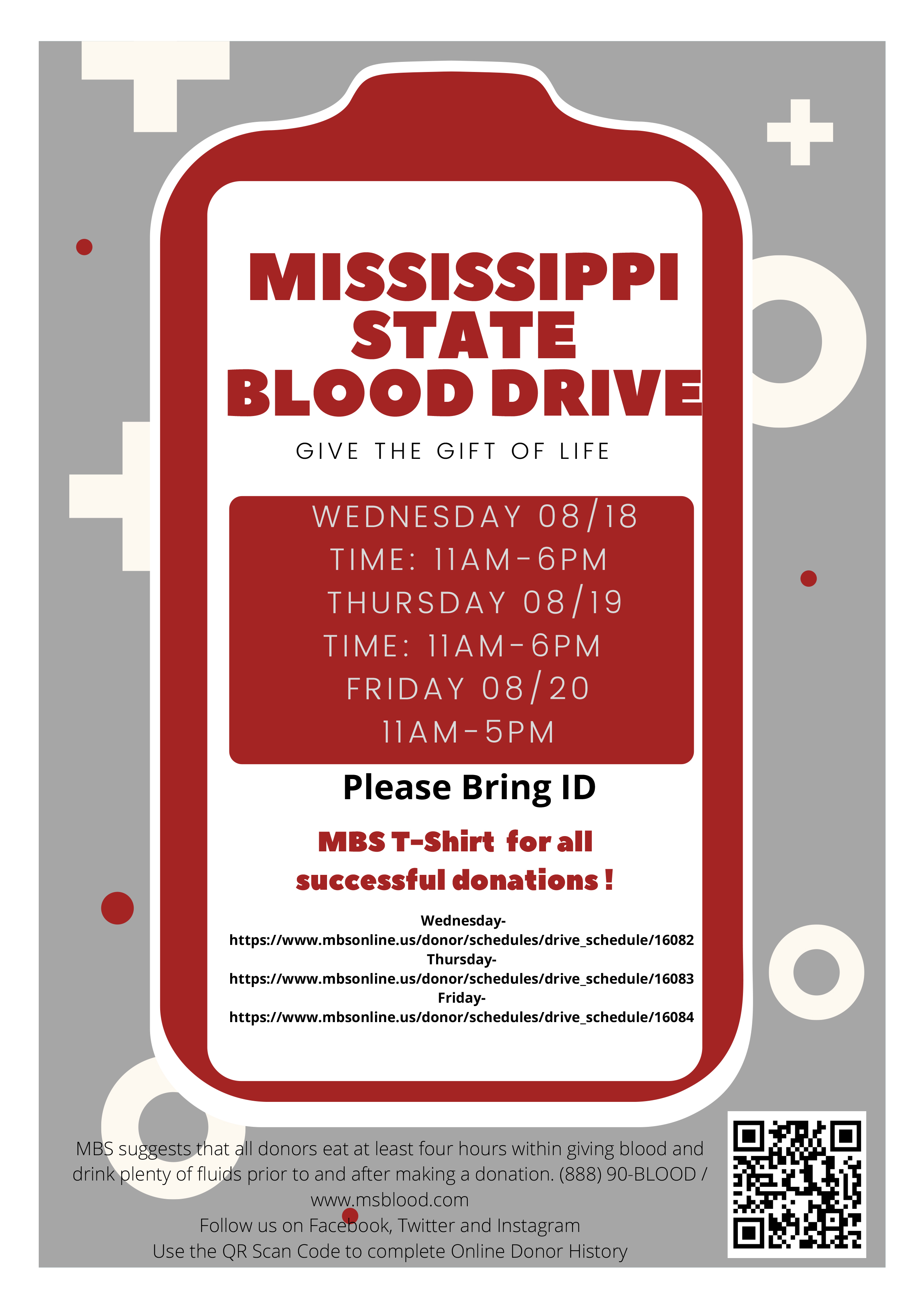 Red, white and gray graphic listing dates and times for the Mississippi State Blood Drive