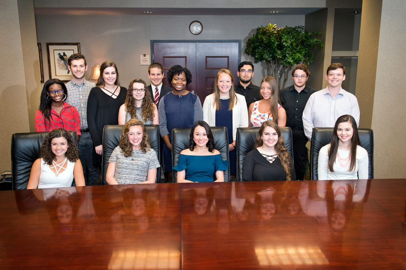For the second year, Mississippi State’s campus chapter of the prestigious Mortar Board National College Senior Honor Society inducted a select group of students, who are in the top 35 percent of their junior class and demonstrate a commitment to scholarship, leadership and service. The 2017-18 class includes (front row, left to right) Anne Marie Currie, Emily Kristian Abernathy, Sarah Avera, Hallie Jo Earwood, Audrey Abigail Jackson (middle row, l-r) Nia Ashley Sims, Anna Claire Smith, Jacqueline Margot Monnet, Carla D. Brown, Hannah Berny, Heather Nicole Williams, Murry C. Rodgers (back row, l-r) James Harmon Duke, Spencer Callicott, Tahir M. Khan and Gwyneth Morgan Jones. (Photo by Megan Bean)