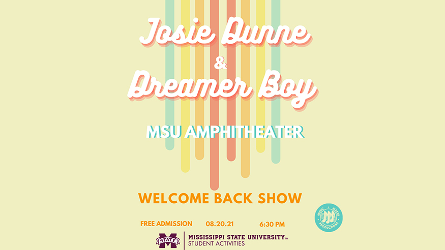 Orange, yellow and blue graphic announcing Josie Dunne and Dreamer Boy as performers for Music Maker Productions' Welcome Back Show