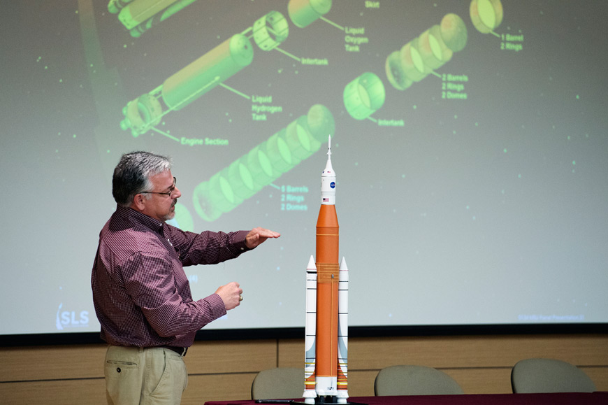 MSU alumnus David K. Hall discusses NASA’s Space Launch System during an E-Week event featuring four Bagley College alumni who all work with NASA. Hall, a 1984 MSU electrical engineering graduate, is assistant manager of SLS Program’s Stages Element Office at NASA’s Marshall Space Flight Center. (Photo by Megan Bean)