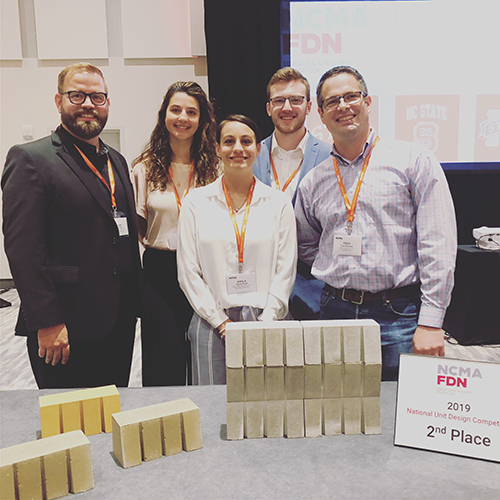 MSU Associate Professor of Architecture Jacob A. Gines; MSU architecture juniors Grace Sheridan, Kayla Perez and Joseph Thompson; and Fred Dunand, president of Saturn Materials LLC of Columbus, at the National Concrete Masonry Association 2019 Midyear Meeting