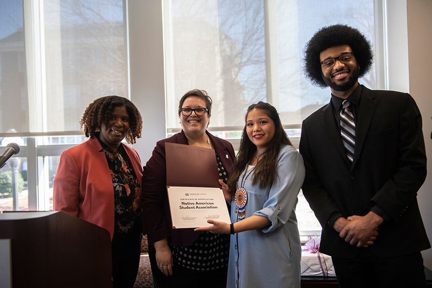 Ra’Sheda Forbes, MSU Assistant Vice President for Multicultural Affairs, and Regina Hyatt, MSU Vice President for Student Affairs, are pictured with MSU Native American Student Association President Genesis Ferris, a sophomore criminology major from Choctaw, and Vice President Kristopher Andrews, a civil engineering junior from Carthage. 
