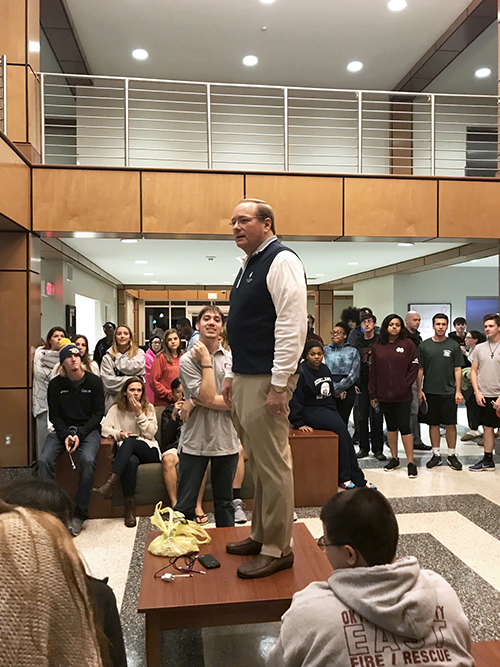 MSU President Mark E. Keenum addressed Oak Hall residents following a Sunday [Oct. 22] fire at the residence hall. No injuries were reported from the fire, but one room received fire damage and approximately 30 rooms received water damage. (Photo by Sid Salter)
