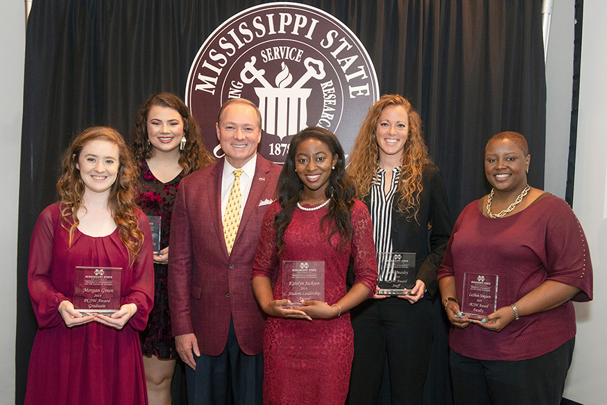 Pictured with MSU President Mark E. Keenum at this year’s President’s Commission on the Status of Women Awards Ceremony are (l-r) Morgan K. Green, a mechanical engineering graduate student from Olive Branch; Shelby B. Baldwin, a senior marketing major from Ridgeland; Katelyn Jackson, a junior biological sciences/pre-med major from Starkville; Leah Beasley, MSU executive senior associate athletic director for external affairs; and C. LaShan Simpson, assistant professor of agricultural and biological engineering. (Photo by Beth Wynn) 