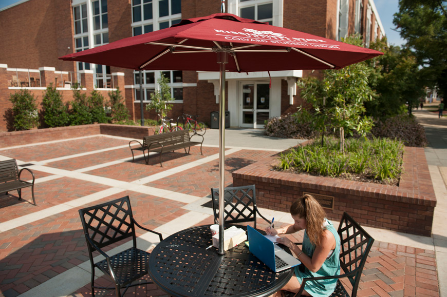 Located between Colvard Student Union and McCool Hall, the new Union Plaza features seating and tables for dining, studying, visiting and other social activities. (Photo by Megan Bean)