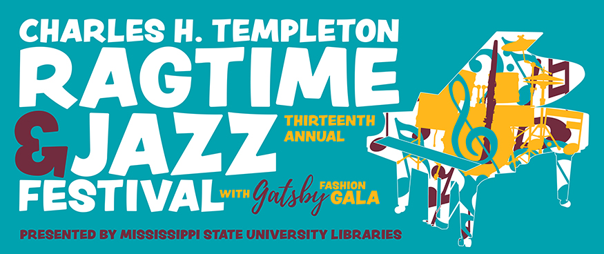 Aqua graphic with the words "Charles H. Templeton Ragtime and Jazz Festival" in white lettering