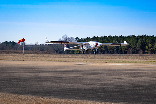 An unmanned plane takes off the runway.
