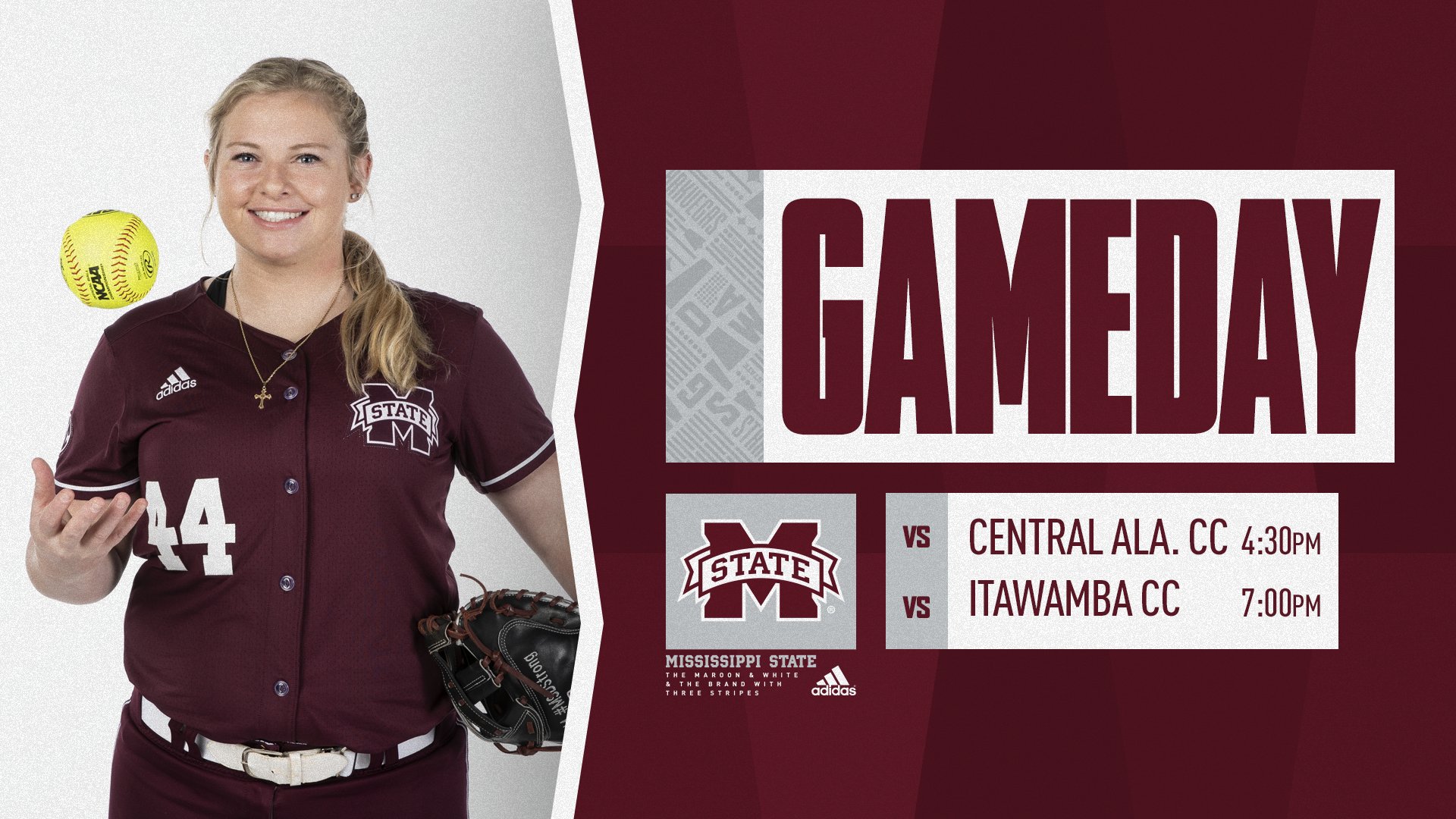 Maroon, white and gray gameday graphic with image of a smiling MSU softball player tossing a yellow softball into the air