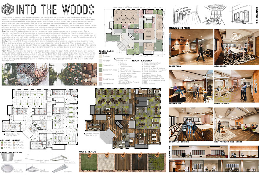 “Into the Woods,” an interior design project by MSU seniors Hannah Monroe and Brooke Pogue, placed third in the 2017 IIDA Student Design Competition.