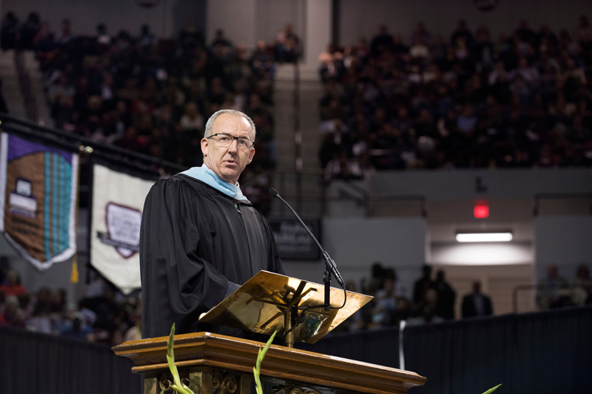 SEC Commissioner Greg Sankey addresses fall 2016 graduates at Mississippi State University’s commencement ceremony on Friday [Dec.9] at Humphrey Coliseum. (Photo by Beth Wynn)