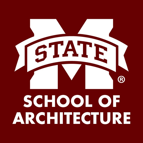 Logo with “M State” and “School of Architecture” in white font on a maroon background