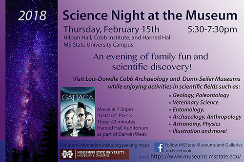 Purple promotional poster for MSU's Science Night at the Museum event