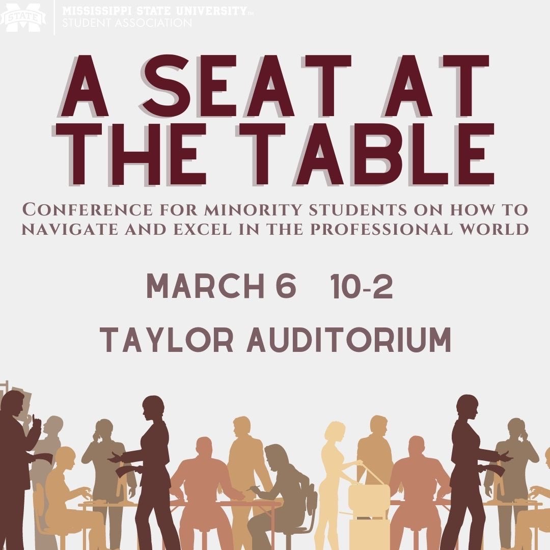 Orange, yellow and brown images of people on a graphic promoting the MSU Student Association's "A Seat at the Table" event on March 2