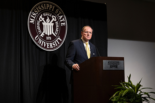 MSU President Mark E. Keenum delivers remarks during the 2024 Spring General Faculty Meeting.