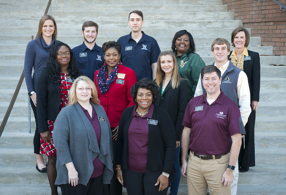 Pictured are (front, left-right) Susan Brooks, Tamara Gibson and Darrell Easley, all of MSU; (second row, left-right) Gazel Giles and Deetra Wiley of University of Mississippi, Caitlyn Thompson of Delta State University, and Charles Childress of University of Southern Mississippi; (third row, left-right) April Broome of USM, Tyler Wheat and Nick Adams of Mississippi University for Women, Cassandra Pete-McNealy of Mississippi Valley State University and Karen Reidenbach of USM. (Photo by Russ Houston)