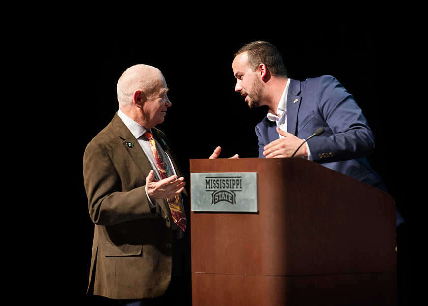 Sami Steigmann (left) and MSU Hillel President Joseph Metz discuss an audience member’s question during a presentation Wednesday [March 23] in Lee Hall’s Bettersworth Auditorium. Steigmann, a Jewish Holocaust survivor, shared his life story and spoke out against all forms of discrimination. (Photo by Megan Bean)