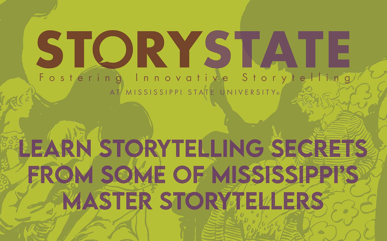 Story State flyer with purple text on green background