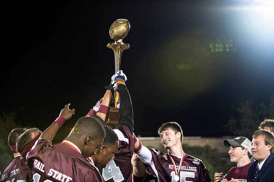 MSU students and Special Olympics Mississippi athletes celebrate winning a recent Unified Sports Egg Bowl. (Photo by Beth Wynn)