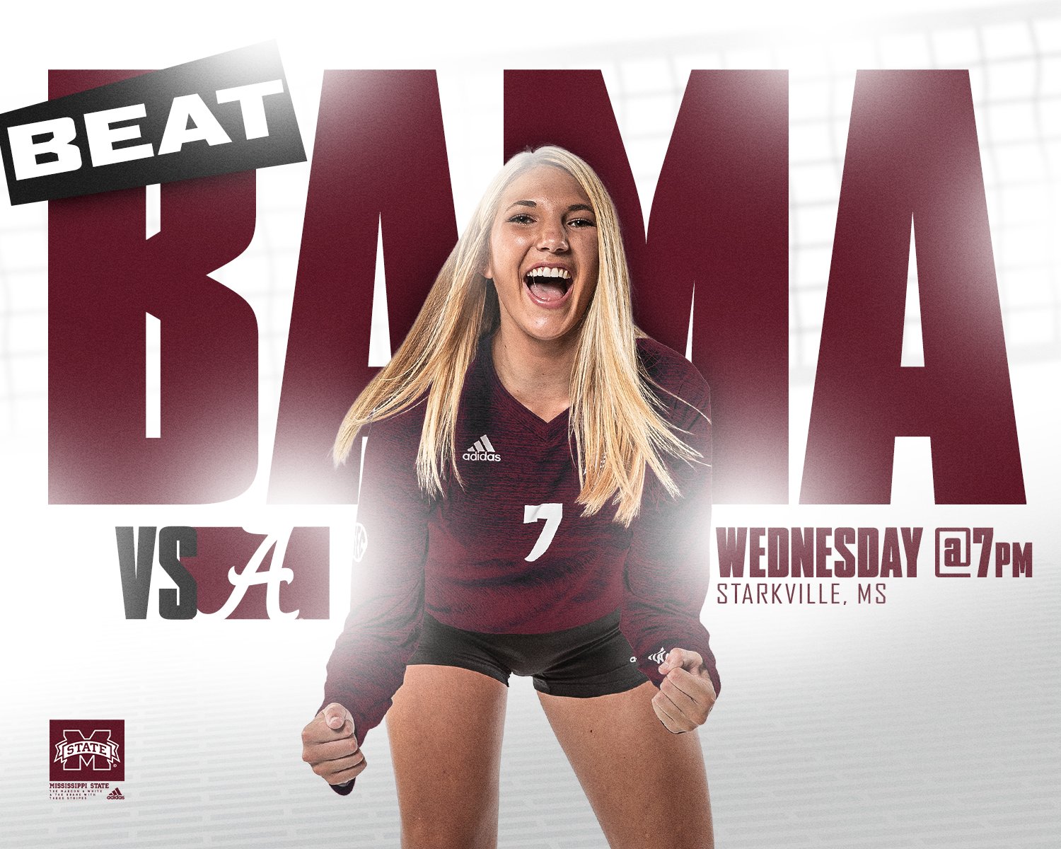 Maroon and white "Beat Bama" graphic with image of MSU volleyball player Rebecca Walk