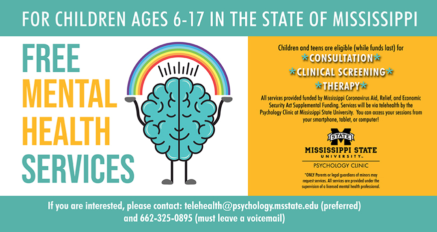 Teal, yellow and white "Free Mental Health Services" graphic with cartoon image of a brain