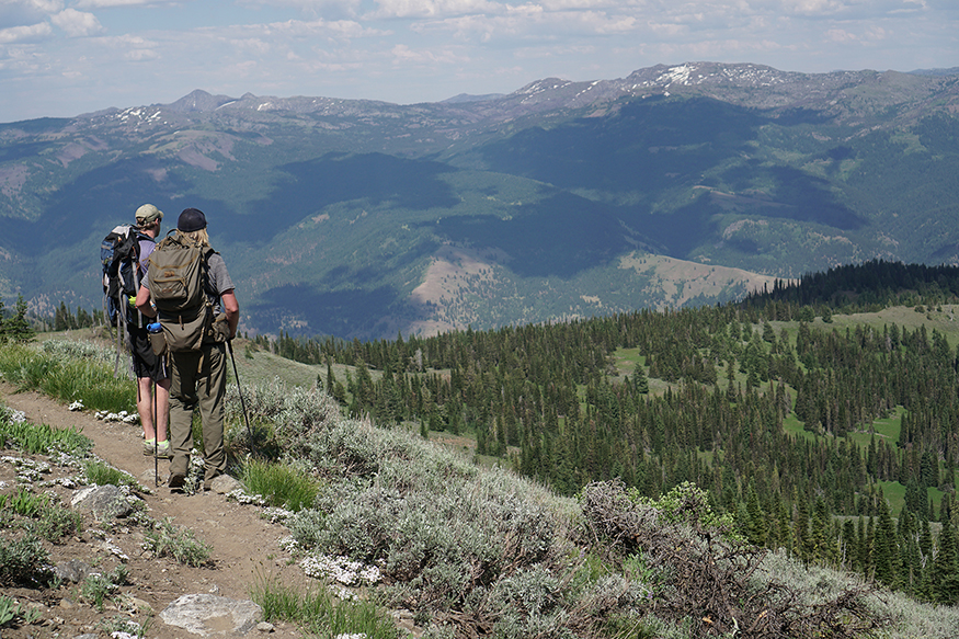 Brandon Barton and a colleague hiking in the Intermountain West, overlooking a valley with mountains in the background