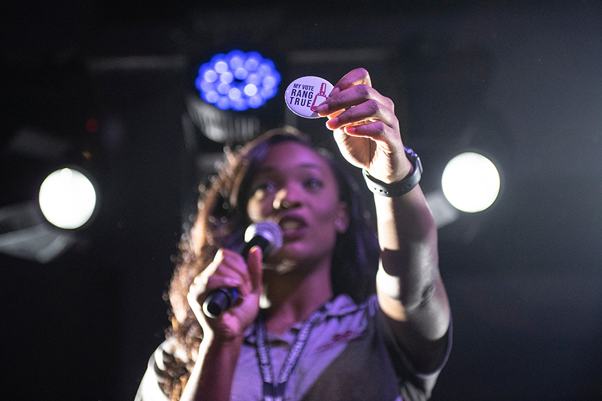MSU Student Association President Mayah Emerson, a senior educational psychology major from Meridian, speaks to students at last November’s “Wrap the Vote” concert to encourage student voting. (Photo by Logan Kirkland)