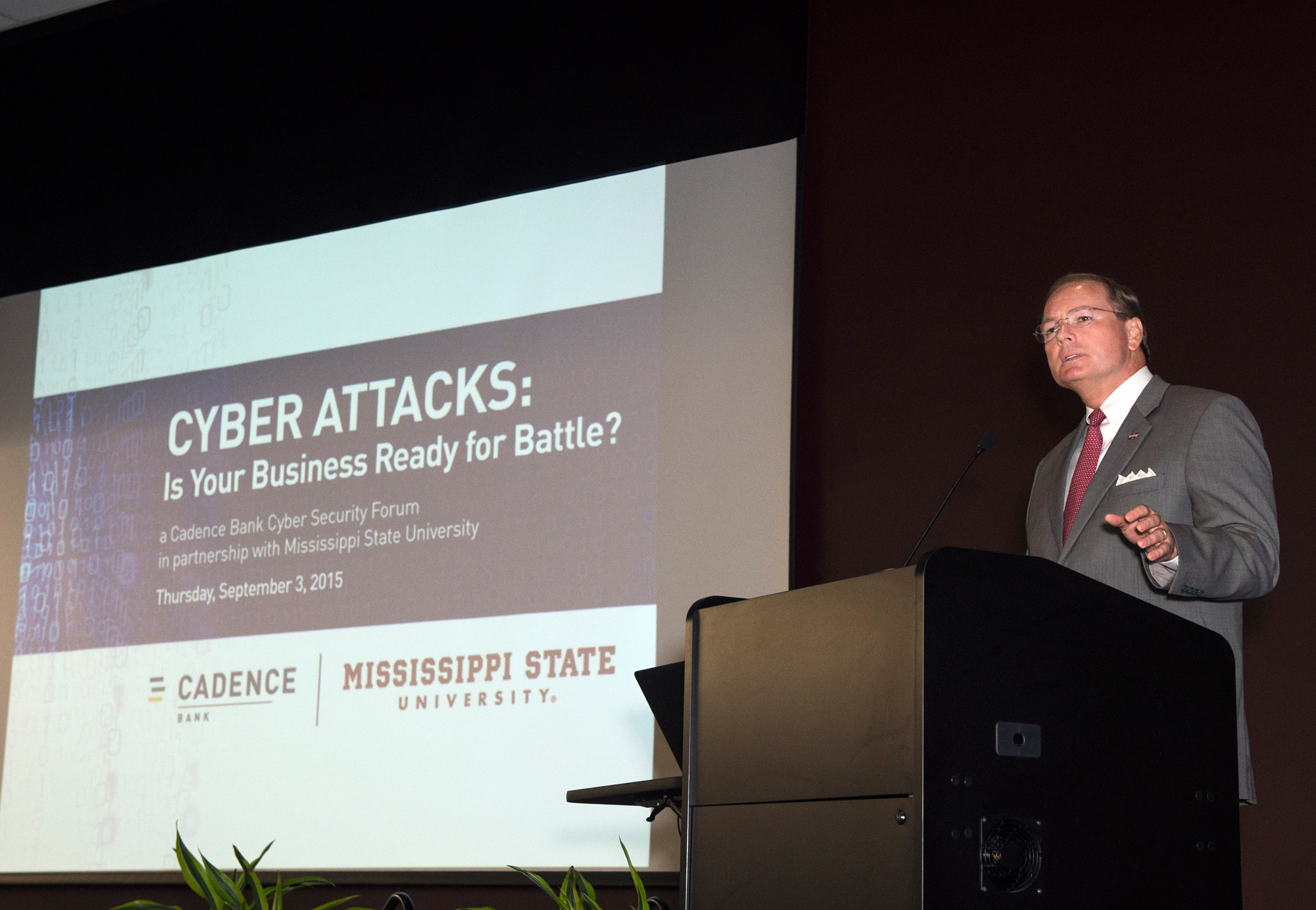 MSU President Mark E. Keenum welcomed business owners and executives to The Mill at MSU Conference Center on Thursday (Sept. 3) for the forum "Cyber Attacks: Is Your Business Ready for Battle?" The event was a partnership between the university and Cadence Bank.