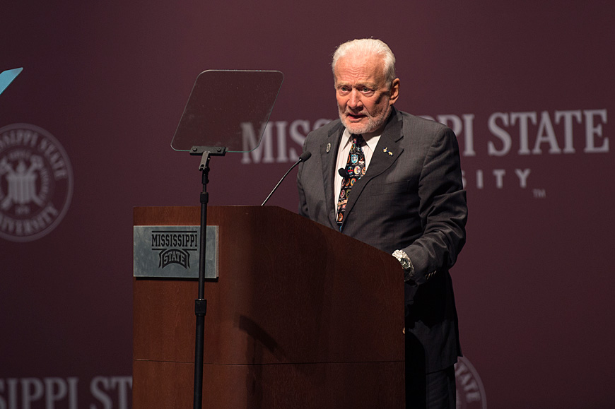 Retired NASA astronaut Buzz Aldrin, one of the first two men to walk on the moon, spoke in Lee Hall’s Bettersworth Auditorium at Mississippi State University Tuesday [Feb. 9] as part of the Student Association-sponsored Global Lecture Series. (Photo by Beth Wynn)