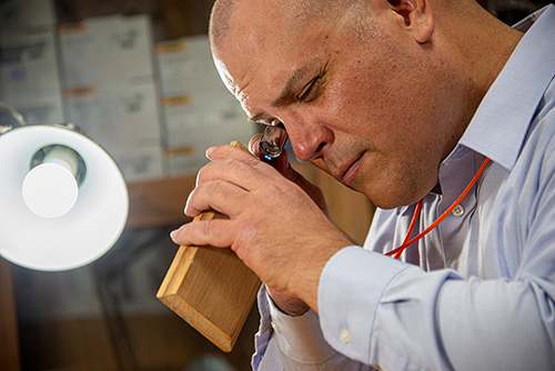 Sustainable Bioproducts Assistant Professor Frank Owens looks through a magnifying glass at a red oak specimen from the David A. Kribs wood collection.