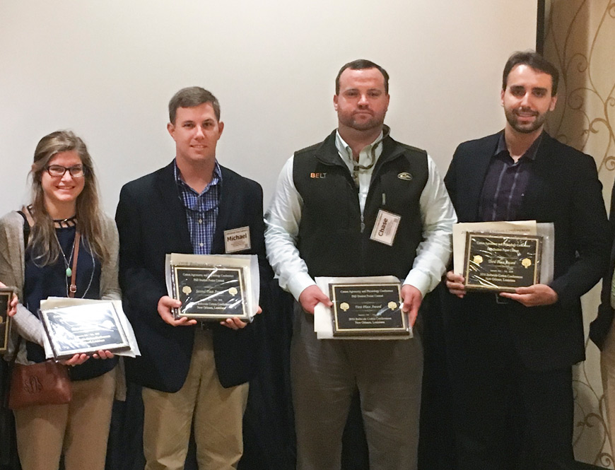 MSU students (l-r) Savana Davis, Michael Plumblee, Chase Samples and Lucas X. Franca recently were honored at the 2016 Beltwide Cotton Conference in Louisiana. (Photo submitted)