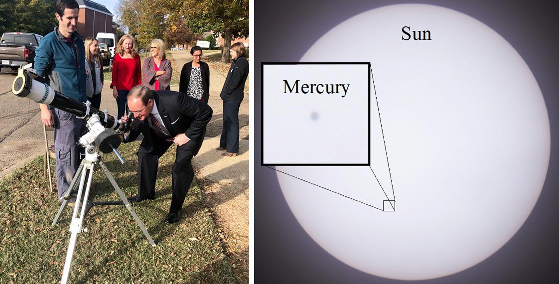 MSU President Mark E. Keenum leans down to look through a telescope near Hilbun Hall. Diagram of Mercury passing in front of the sun.