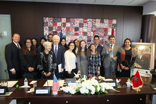 Mississippi State University President Mark E. Keenum, left, U.S. Senator Thad Cochran (R-Miss.), and his wife, Mrs. Kay Webber Cochran, center, and Université Internationale de Rabat (UIR) President Noureddine Mouaddib, right, recently met with a group of Moroccan and Mississippi students and faculty at the UIR campus in Rabat, Morocco. The students are participating in engineering programs formed by the two universities in aerospace and mechanical engineering. (Submitted photo)