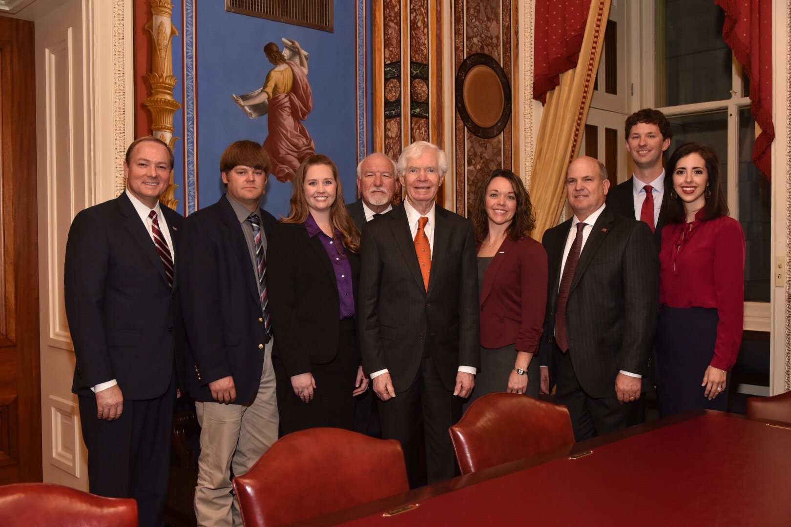 U.S. Sen. Thad Cochran, center, celebrates the establishment of the Thad Cochran Agricultural Leadership Program, a collaboration between the Mississippi State University Extension Service and Mississippi Farm Bureau. Joining him are, from left: MSU Presi