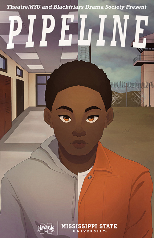A drawing of an African-American male teenager in front of a split background, showing both a school and a prison scene