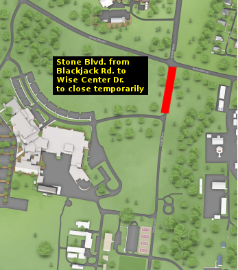 Map showing location of road closure; Stone Boulevard will be closed from Blackjack Road south to Wise Center Drive.