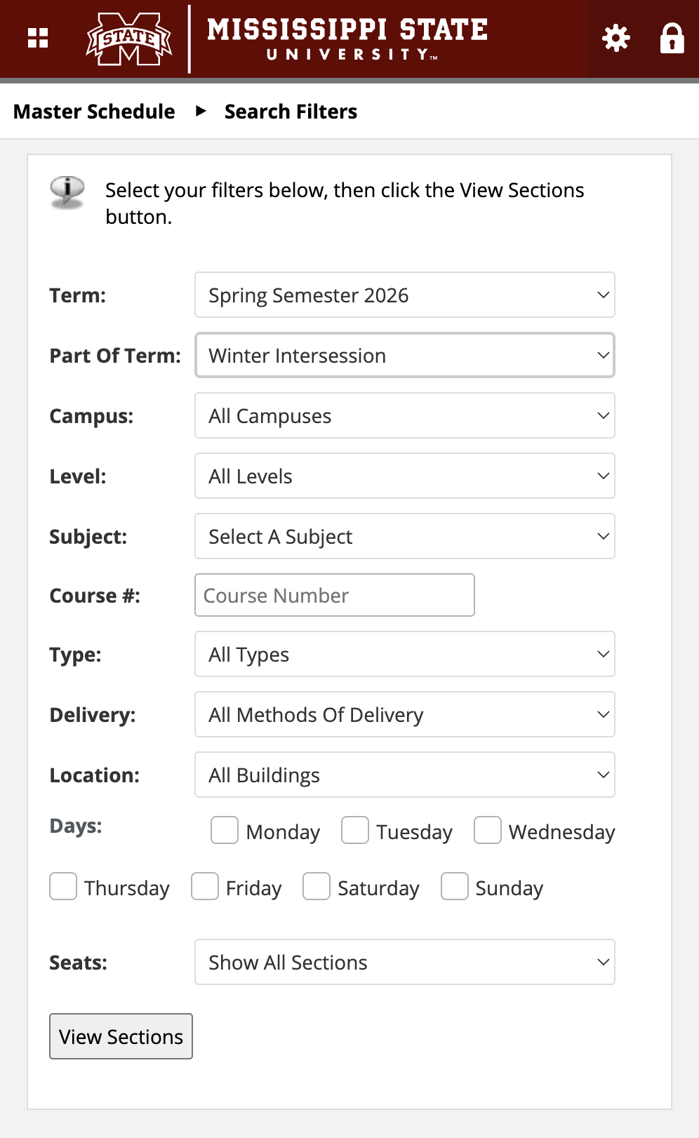 Master Schedule Filer Options